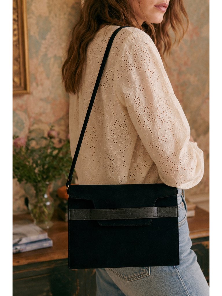 Szane Black Suede Slim Shoulder Bag With Leather Detail